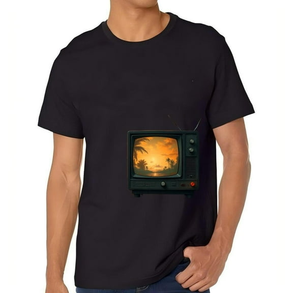 Vintage Retro Television Sunset Scene Cotton Short Sleeve T-Shirt for Men - Nostalgic Palm Trees Design Tee Top