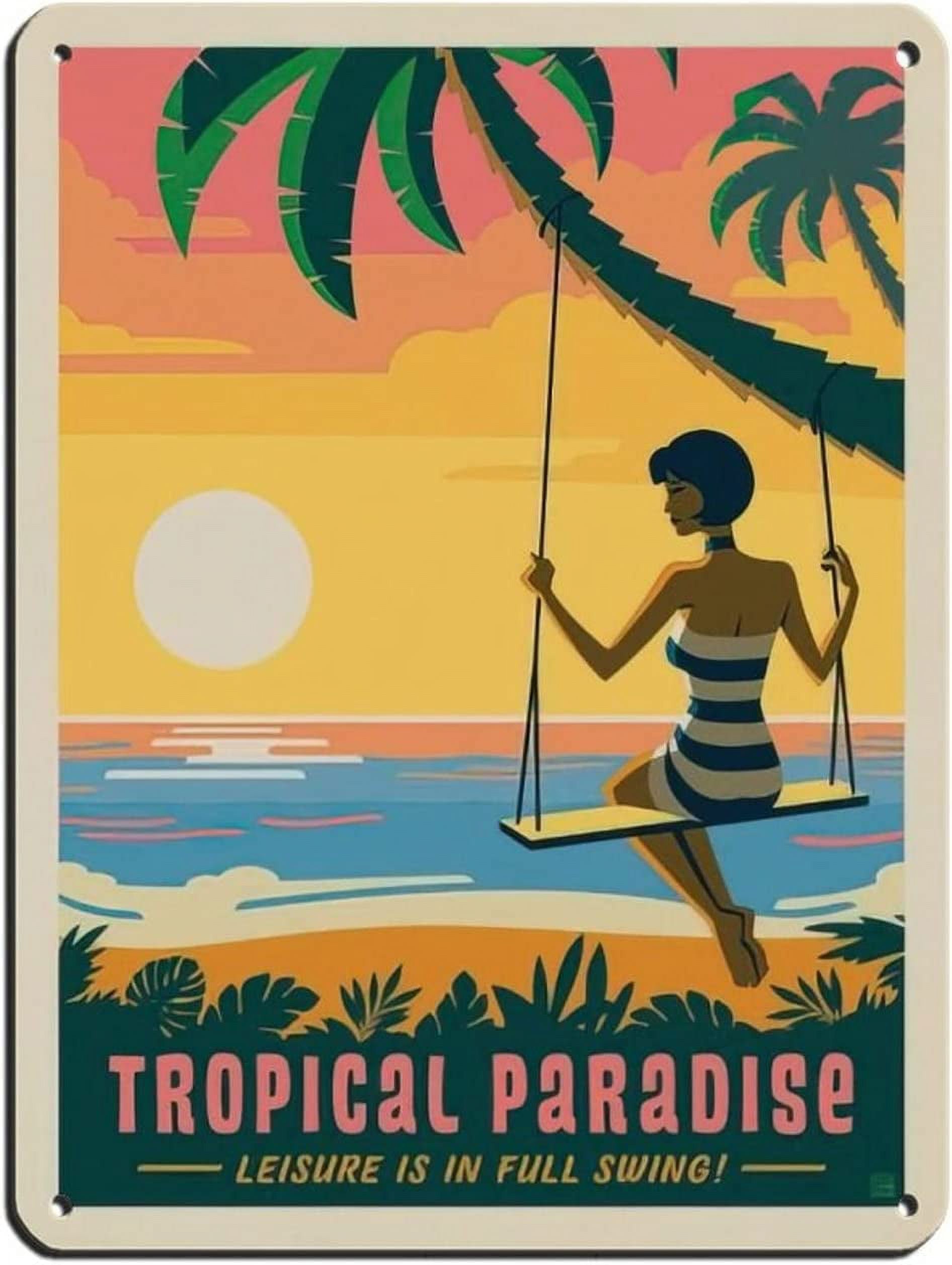 Vintage Retro Travel Coastal Tropical Paradise Palm Tree Swing Tin Sign