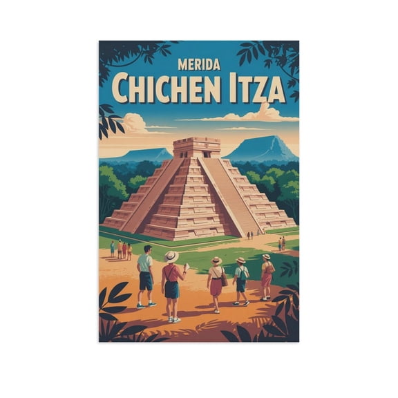 Vintage Retro Travel Poster Wall Art Chichen Itza Pyramid Merida Mexico Panoramic View Mayan Archaeological Site Print Print Poster