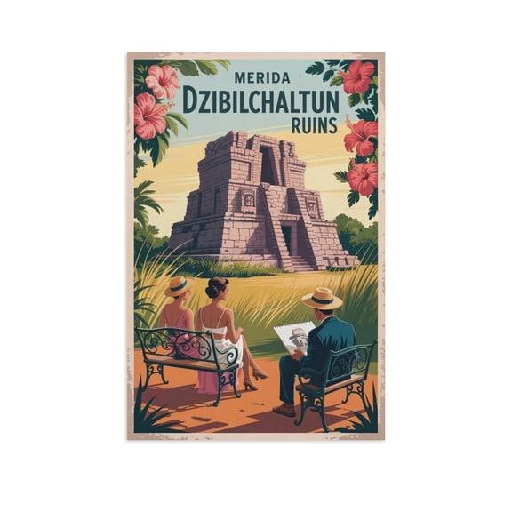 Vintage Retro Travel Poster Wall Art Dzibilchaltun Ruins Merida Mexico Yucatan Landscape Historic Print Print Poster