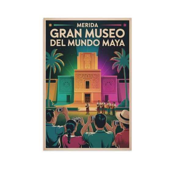 Vintage Retro Travel Poster Wall Art Gran Museo Del Mundo Maya Merida Mexico Colorful Night Event Print Canvas Poster