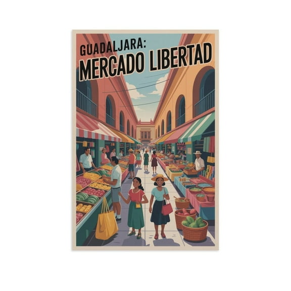 Vintage Retro Travel Poster Wall Art Mercado Libertad Guadalajara Mexico Busy Market Weekend Crowd Shopping Canvas Poster