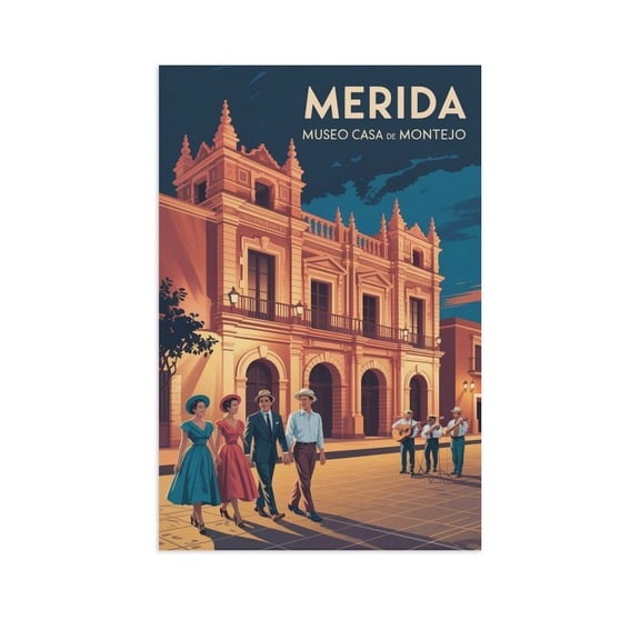 Vintage Retro Travel Poster Wall Art Museo Casa De Montejo Merida Mexico Colonial Evening Twilight Scene Print Print Poster