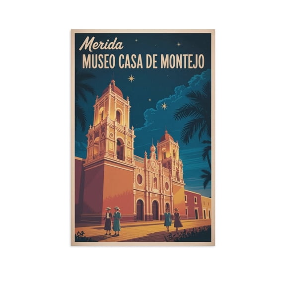 Vintage Retro Travel Poster Wall Art Museo Casa De Montejo Merida Mexico Colonial Night Historic Architecture Print Canvas Poster