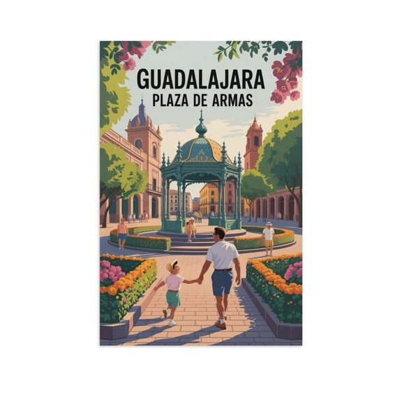 Vintage Retro Travel Poster Wall Art Plaza De Armas Guadalajara Mexico Colonial Architecture Garden Square Canvas Poster