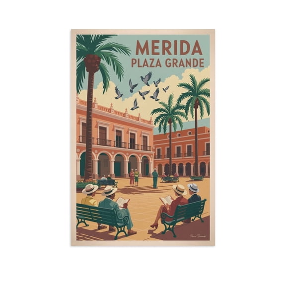 Vintage Retro Travel Poster Wall Art Plaza Grande Merida Mexico Colonial Square Palm Trees Cathedral Print Print Poster