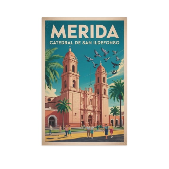 Vintage Retro Travel Poster Wall Decor Catedral De San Ildefonso Merida Mexico Colonial Cathedral Historic Print Print Poster