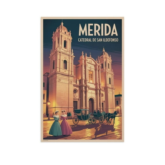 Vintage Retro Travel Poster Wall Decor Catedral De San Ildefonso Merida Mexico Colonial Twilight Church Print Canvas Poster