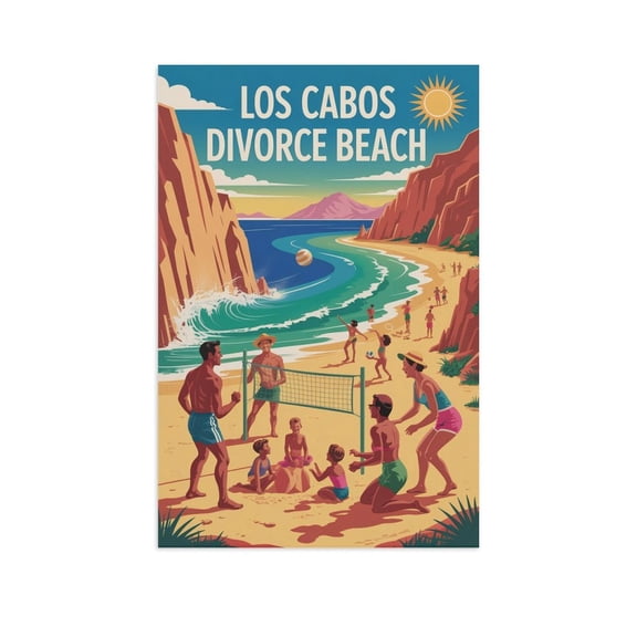 Vintage Retro Travel Poster Wall Decor Divorce Beach Los Cabos Mexico Family Beach Scene Pacific Ocean Coastal Print Canvas Poster