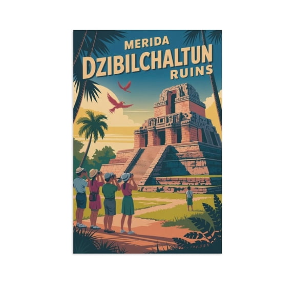 Vintage Retro Travel Poster Wall Decor Dzibilchaltun Ruins Merida Mexico Sunrise Temple Heritage Print Print Poster