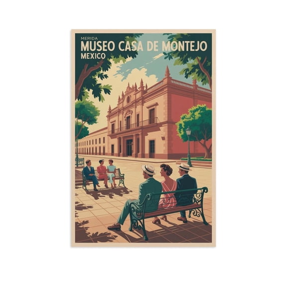 Vintage Retro Travel Poster Wall Decor Museo Casa De Montejo Merida Mexico Colonial Afternoon Plaza Print Print Poster