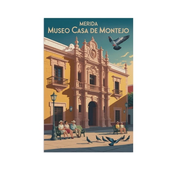 Vintage Retro Travel Poster Wall Decor Museo Casa De Montejo Merida Mexico Colonial Historic Building Print Print Poster