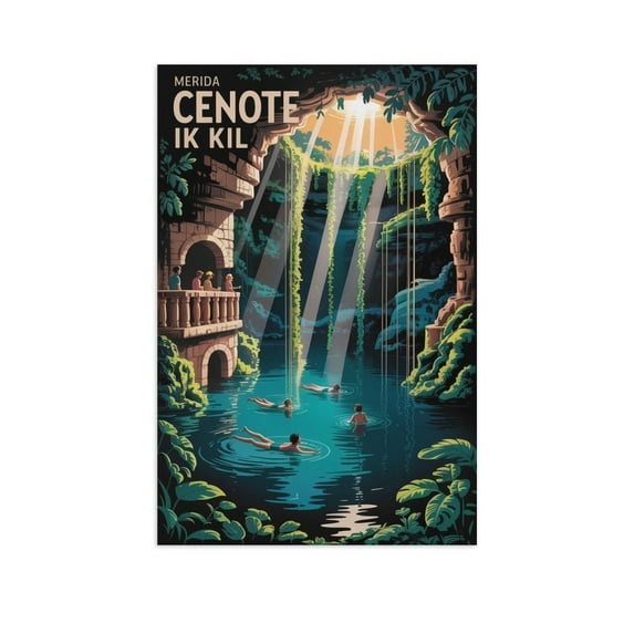 Vintage Retro Travel Poster Wall Print Cenote Ik Kil Merida Mexico Swimming Sinkhole Tropical Nature Art Print Poster