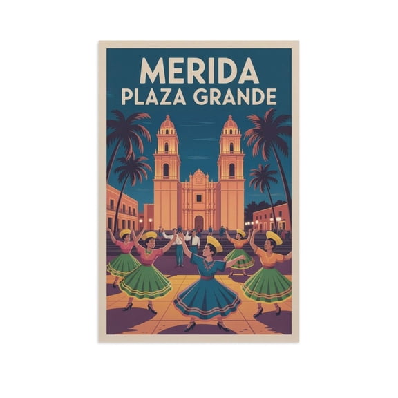 Vintage Retro Travel Poster Wall Print Plaza Grande Merida Mexico Cultural Festival Colonial Cathedral Square Art Print Poster