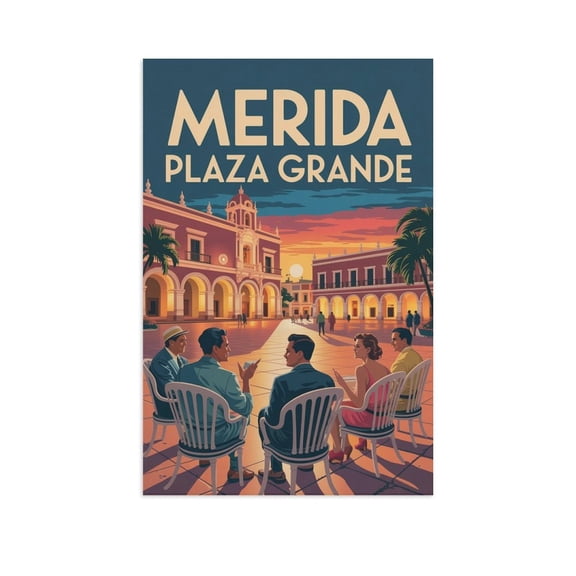 Vintage Retro Travel Poster Wall Print Plaza Grande Merida Mexico Sunset Colonial Square Confidant Chairs Art Canvas Poster