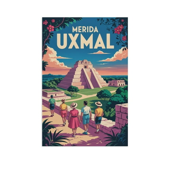 Vintage Retro Travel Poster Wall Print Uxmal Pyramid Merida Mexico Panoramic View Mayan Ruins Art Canvas Poster