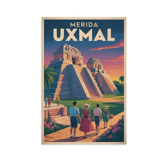 Vintage Retro Travel Poster Wall Print Uxmal Pyramid Merida Mexico Sunrise Ancient Maya Ruins Art Print Poster