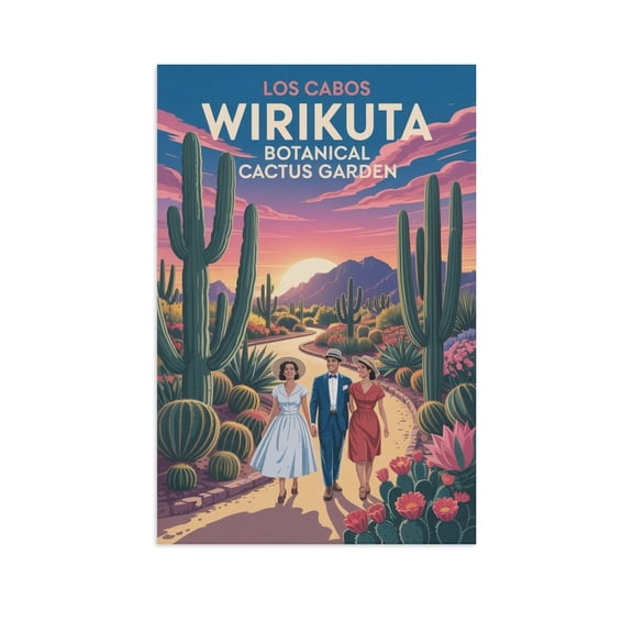 Vintage Retro Travel Poster Wall Print Wirikuta Botanical Cactus Garden Los Cabos Mexico Sunset Desert Landscape Art Canvas Poster