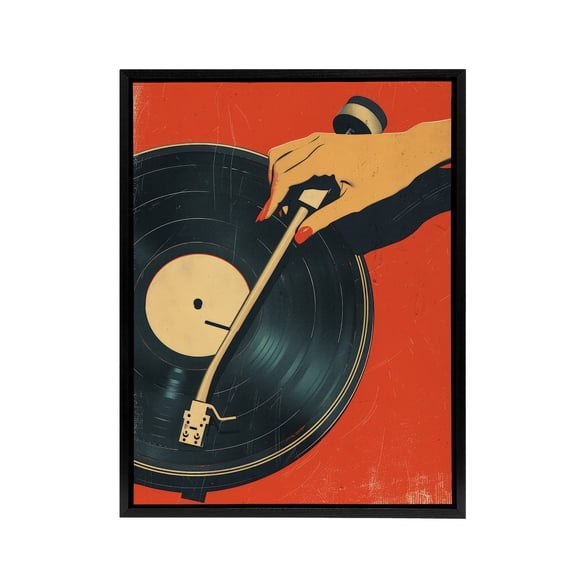 Vintage Retro Vinyl Record Player Black Framed Canvas Wall Art Print 12X16"