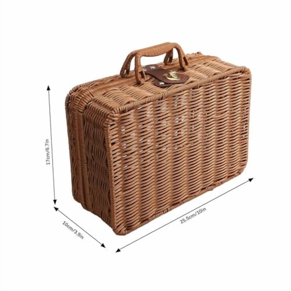 Vintage Retro Wicker Suitcase, Stylish Rattan Picnic Basket Storage Box with Leather Strap Lock, Durable Plastic Multifunctional Picnic Basket for Picnic Outside Party Home Organiz