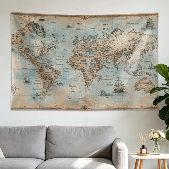 Vintage Retro World Map Nautical Wall tapestry,Large size Printed Horizontal Tapestry blanket,Polyester Fabric Wall Hanging for living room,study,Gift for Family and Friends