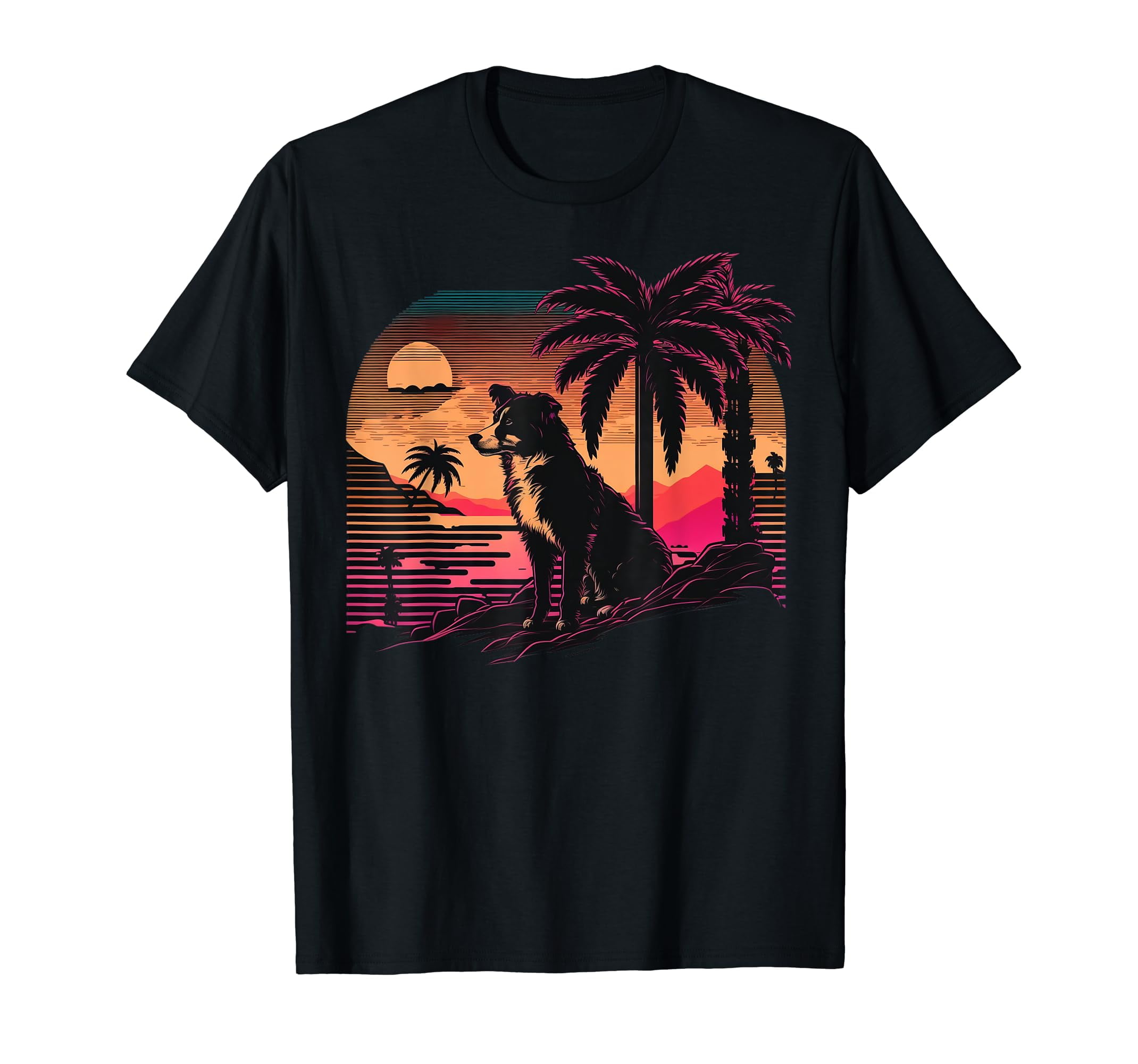 Vintage Retrowave Synthwave 80s Vaporwave Border Collie Black T-Shirt ...