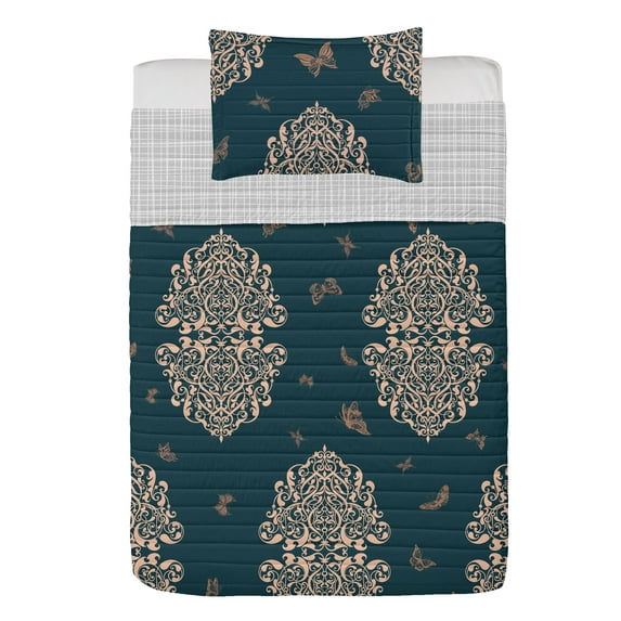 Vintage Reversible Bedspread Set, Delicate Butterflies Floating in the Air Retro Sprouting Floral Patterns Art Deco, Pillow Shams & Comforter Microfiber Bedding Set, 3 Sizes, Dark Teal, by Ambesonne