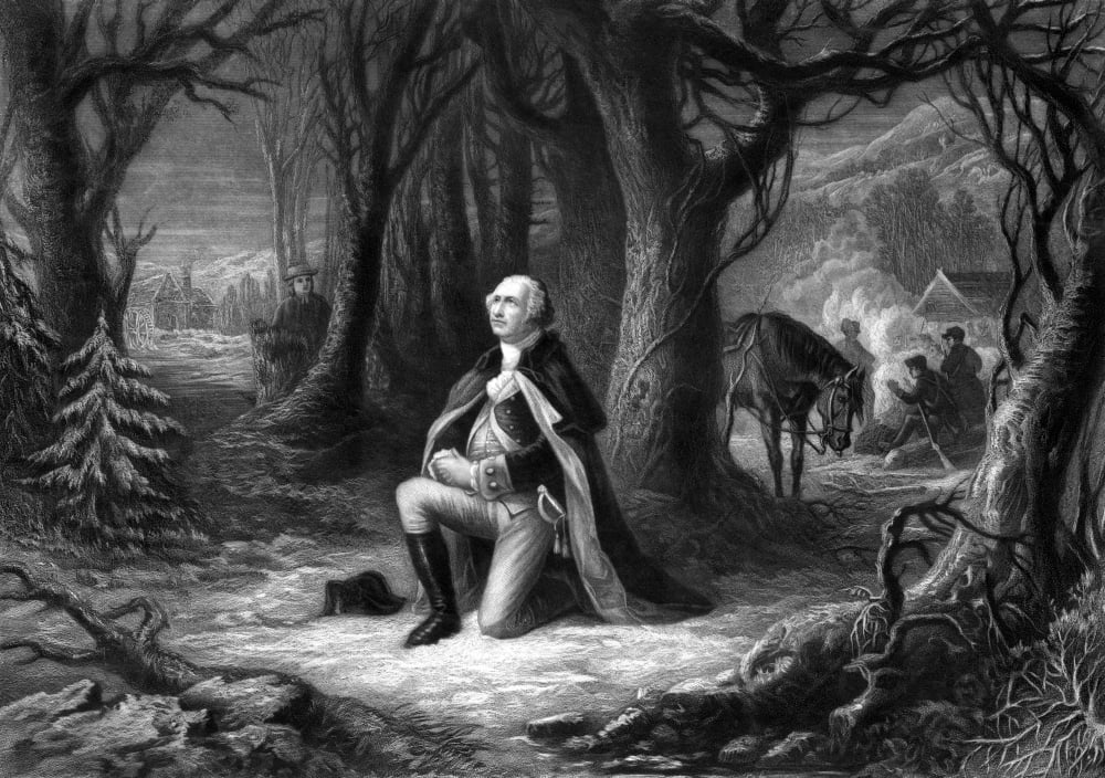 Vintage Revolutionary War print of General George Washington praying at Valley Forge Canvas Art - John ParrotStocktrek Images (34 x 24)