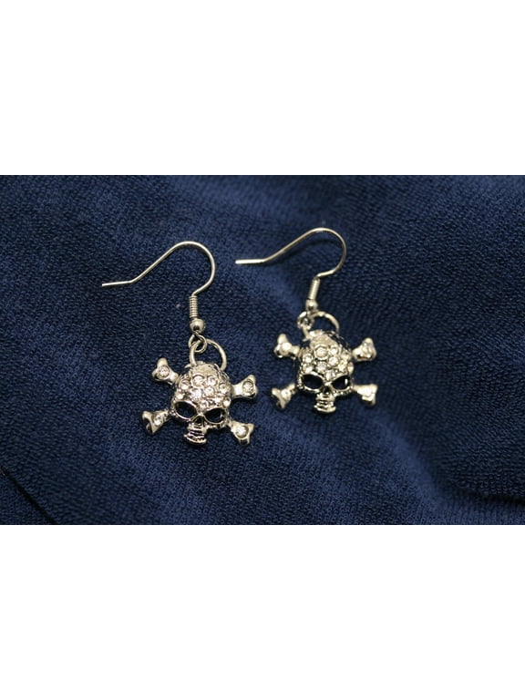 Vintage Rhinestone Antique Silver Skull & Crossbones Earrings for Pierced Ears Pirate Themed
