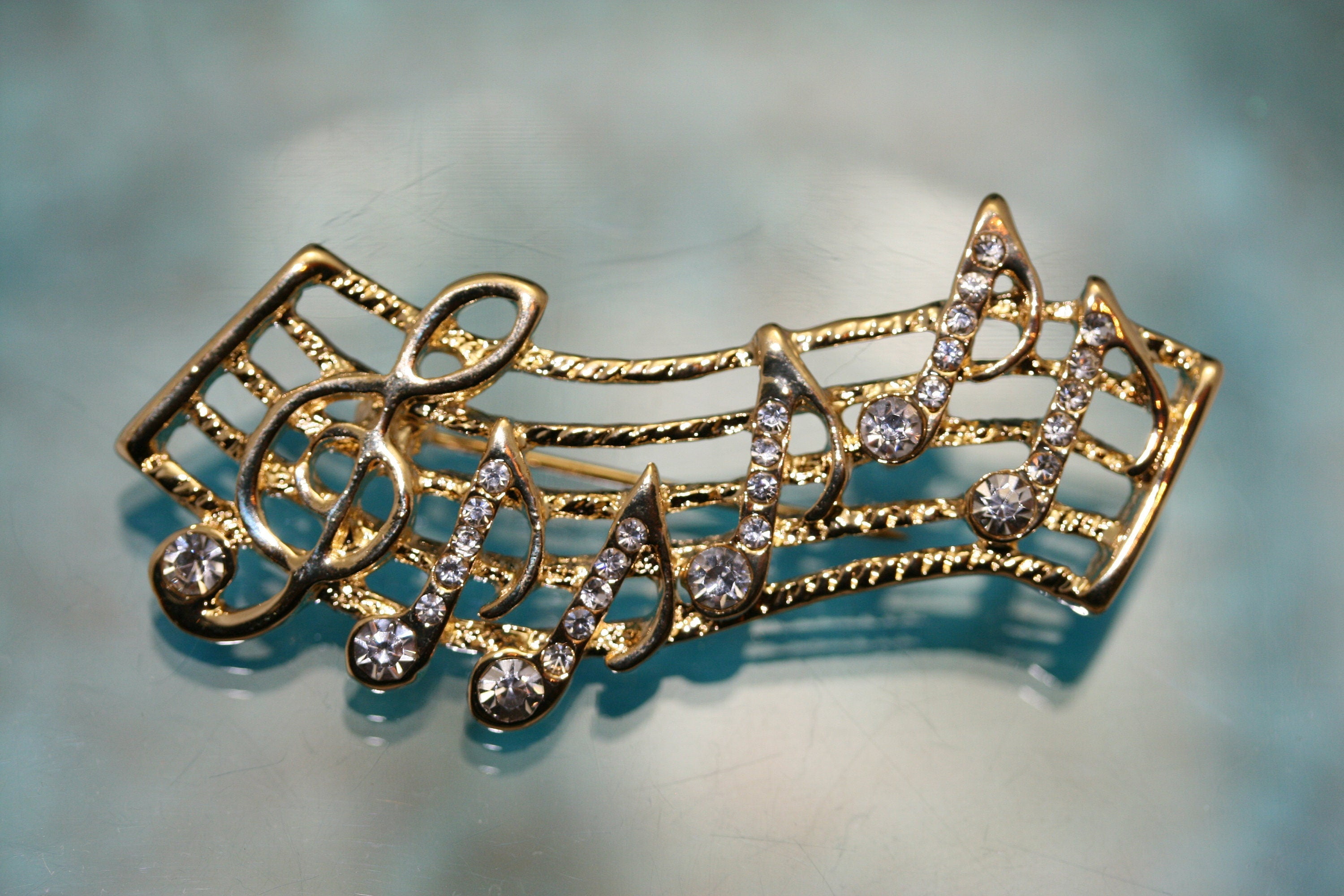 Vintage Rhinestone Gold-Tone Music Note Bar Brooch Pin, Music Note ...