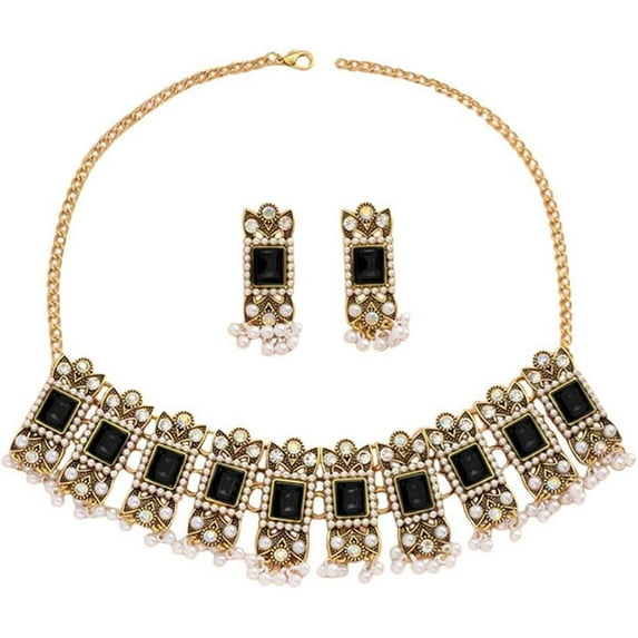 Vintage Rhinestone Indian Jewellery Set for Women Boho Punk Choker Necklace Tassels Pearl Bead Dangle Earring Crystal Wedding Prom Gemstone Traditional Bollywood Ethnic Charms Gift for Mom Xmas