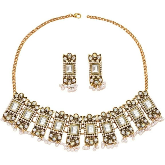 Vintage Rhinestone Indian Jewellery Set for Women Boho Punk Choker Necklace Tassels Pearl Bead Dangle Earring Crystal Wedding Prom Gemstone Traditional Bollywood Ethnic Charms Gift for Mom Xmas