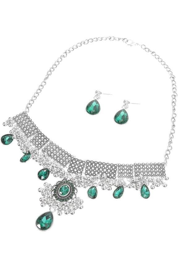Vintage Rhinestone Jewelry Set for Women Elegant Teardrop Pendant Necklace and Earrings Retro Collarbone Chain for Party Graduation Travel and Special Occasions[s443]
