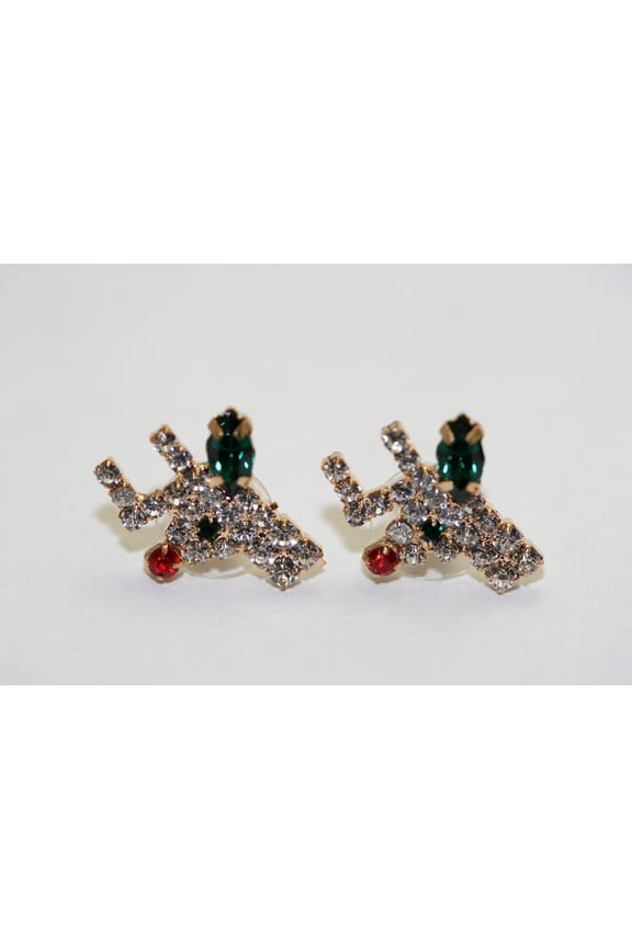 Vintage Rhinestone Reindeer Post Earring, Christmas Rudolph Earring, Holiday Reindeer Jewelry