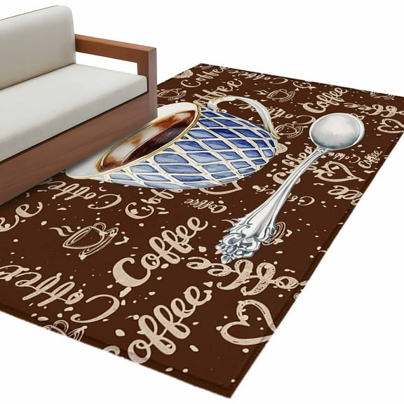 Vintage Rhombus Coffee Cups Area Rug 2.7x5ft Drink Spoon Dark Brown Non-Slip Washable Square Rugs Soft Felt Indoor Floor Mat for Bedroom Kitchen Living Room Bathroom