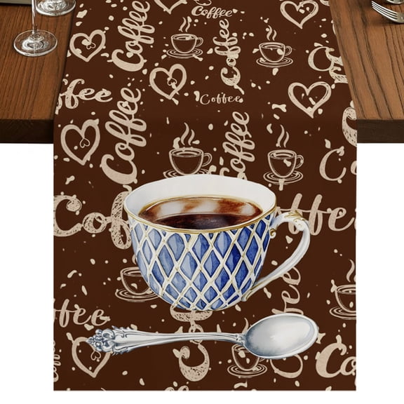 Vintage Rhombus Coffee Cups Table Runner 36 Inches Long, Drink Spoon Dark Brown Cotton Linen Dining Table Runner Dresser Scarves for Home Kitchen Party Decor 13"x36"