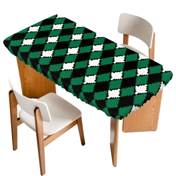 Vintage Rhombus Fitted Rectangle Tablecloth 24" x 36" Green Black White Elastic Table Cloth Fits for 3 Foot Folding Tables Waterproof Table Cover for Picnic Camping Outdoor