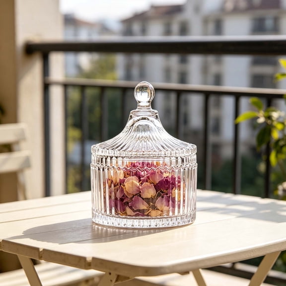 Vintage Ribbed Glass Jar with Lid Food-Safe Clear Reusable Candy Trinket Storage Container for Kitchen Countertop YYUZH