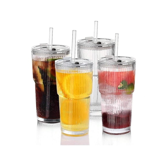 Vintage Ribbed Glass Tumblers with Straws and Lids, 2 Piece Set of 19oz Origami Style Iced Coffee Glasses, Heavy Duty Borosilicate Glass Cups for Juice, Soda, and Cocktails