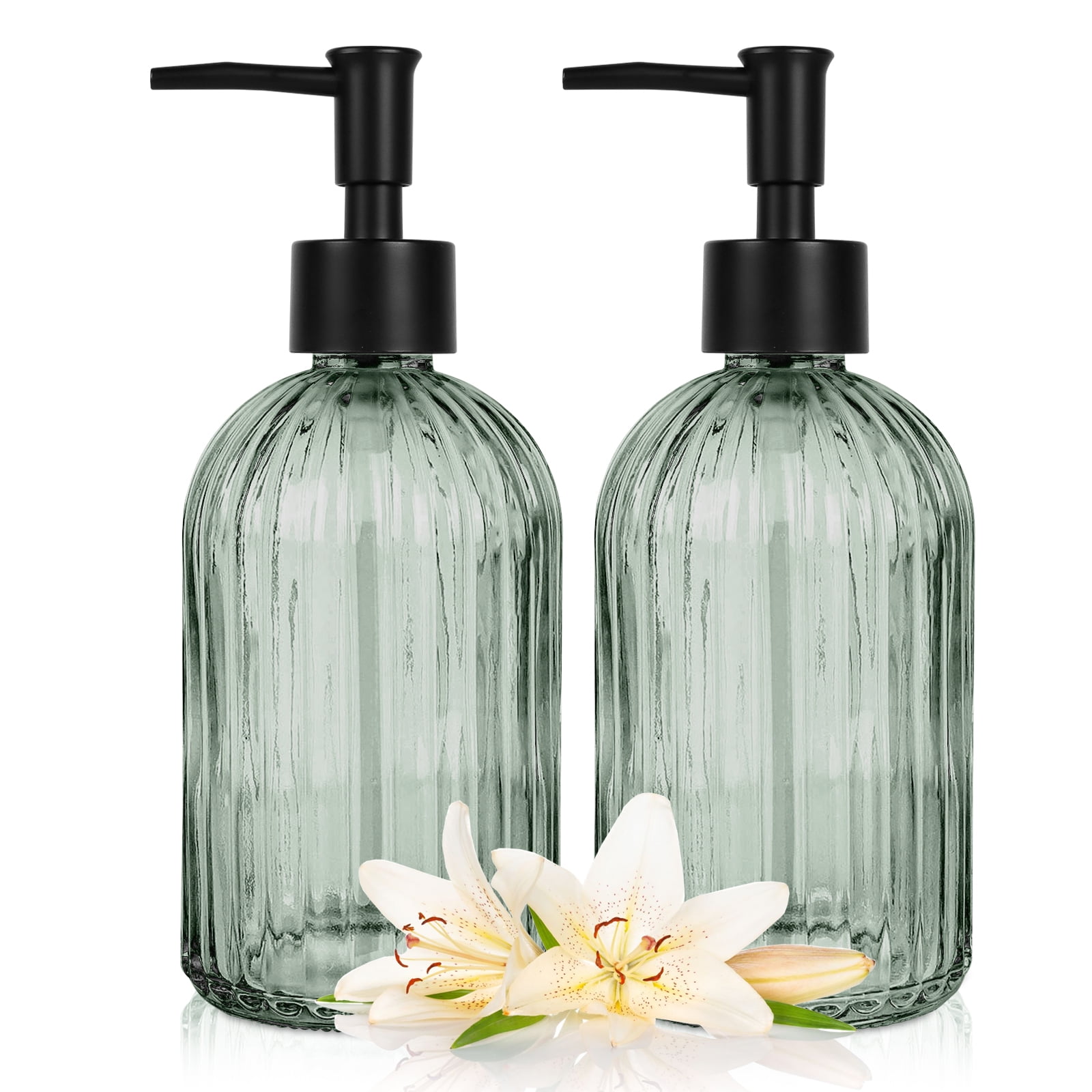 Vintage Ribbed Green Glass Dispenser, 13oz Large Capacity, Multi-Purpose Emulsion/S soap Dispenser (Suitable for Essential Oil Lotion, Shower Gel, Hand Soap, etc.)
