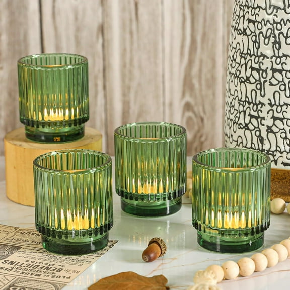 Vintage Ribbed Green Glass Tealight & Votive Candle Holders (Set of 12), Wedding Party Decor, Fall Boho Shelf Decoration