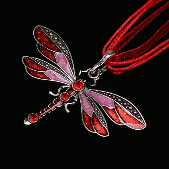 Vintage Ribbon Cord Diamond Dragonfly Necklace