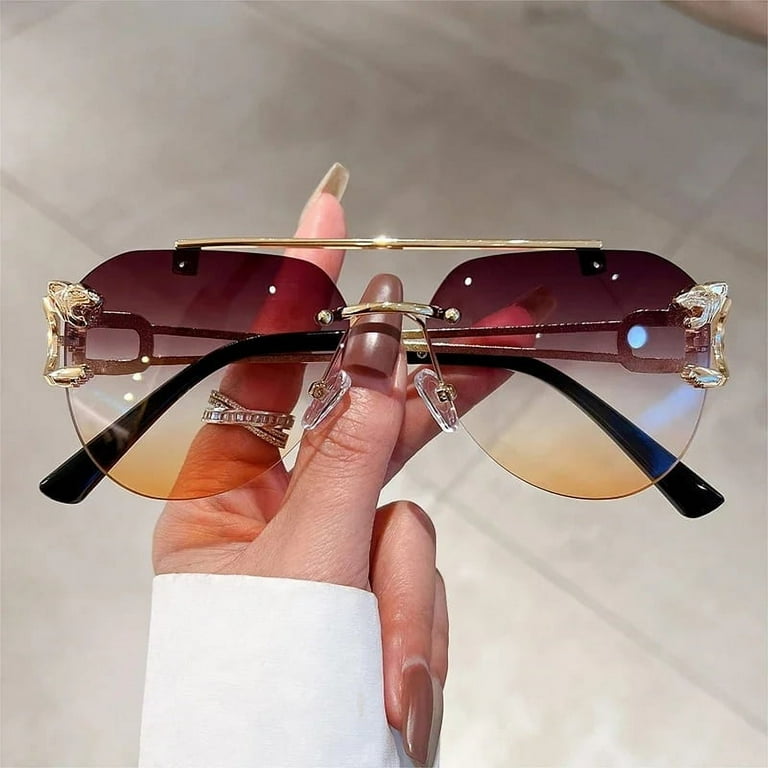 Vintage Rimless Sunglasses Men Women Trendy Pilot Gradient Shades Sun Glasses Fashion New Double Bridge UV400 Eyewear red yellow golden Walmart