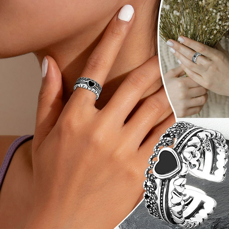 Vintage Ring Fairy Black Heart Stackable Retro Punk Open Finger Ring For Women Girls