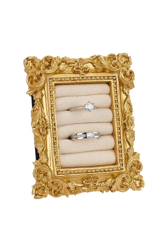 Vintage Ring Holder 4x3.2x0.9inch Rectangle Jewelry Rings Display Frame 5 Slots Gold Resin Frame Stand with White Cloth Lining DIY