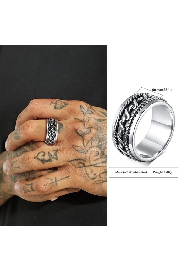 Vintage Ring Man, 14K White Gold Twisted Rope Design Textured Pattern Ring, Men's Jewelry
