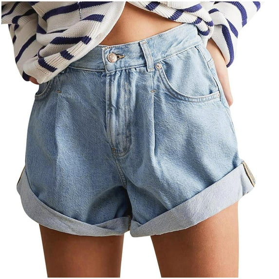 Vintage Ripped Denim Shorts for Women High Waist Folded Hem Jean Shorts with Pocket