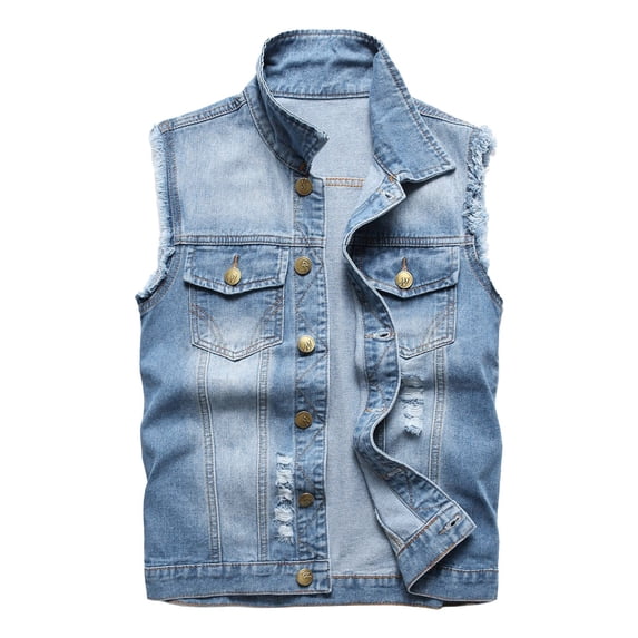 Vintage Ripped Denim Vest Jacket For Women Frayed Hem Sleeveless Down Down Jean Jacket With Pocket Slim Outwear