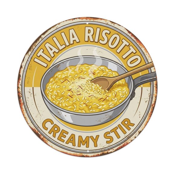 Vintage Risotto Creamy Stir Italy Rice Vintage Metal Tin Sign Plaque Wall Decor for Cafe, Club, Garden Round Metal Poster 8x8Inch