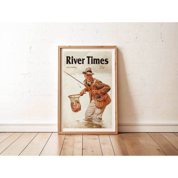 Vintage River Fishing Angler Wall Art, Unframed Canvas Size 12x18